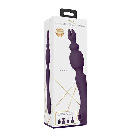 Shots America Vibrators VIVE NAMI Rechargeable DualEnded Pulse Wave Vibrating Silicone Wand With Interchangeable Sleeves Purple